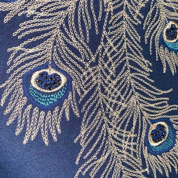 Peacock embroidered 3/4 sleeve blouse navy blue sz medium women - Picture 4 of 10